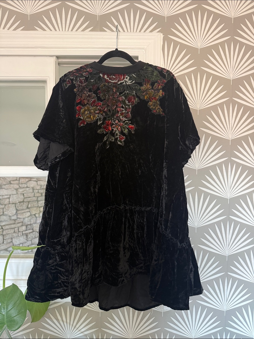 Free People Black Velvet Mini Dress with Multicolor Floral Embroidery